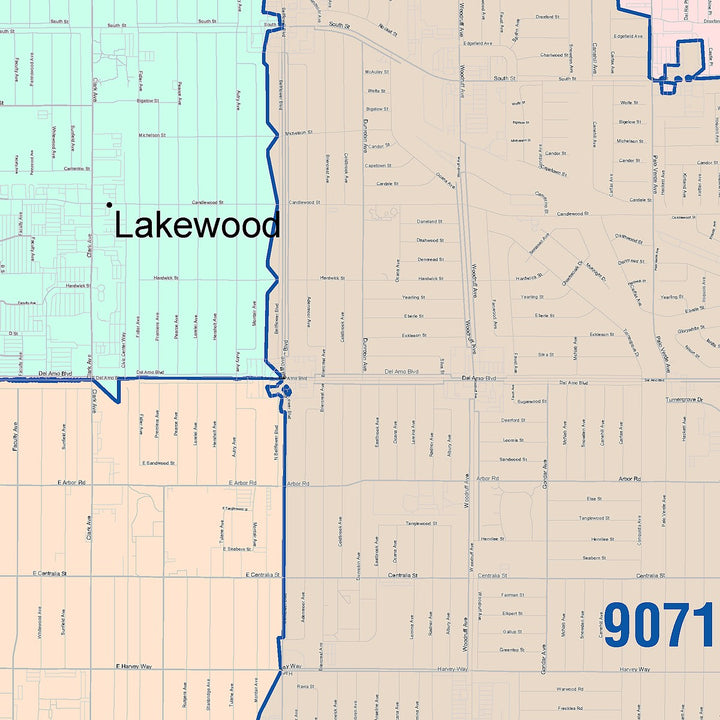 Color Cast Zip Code Style Wall Map of Lakewood, CA