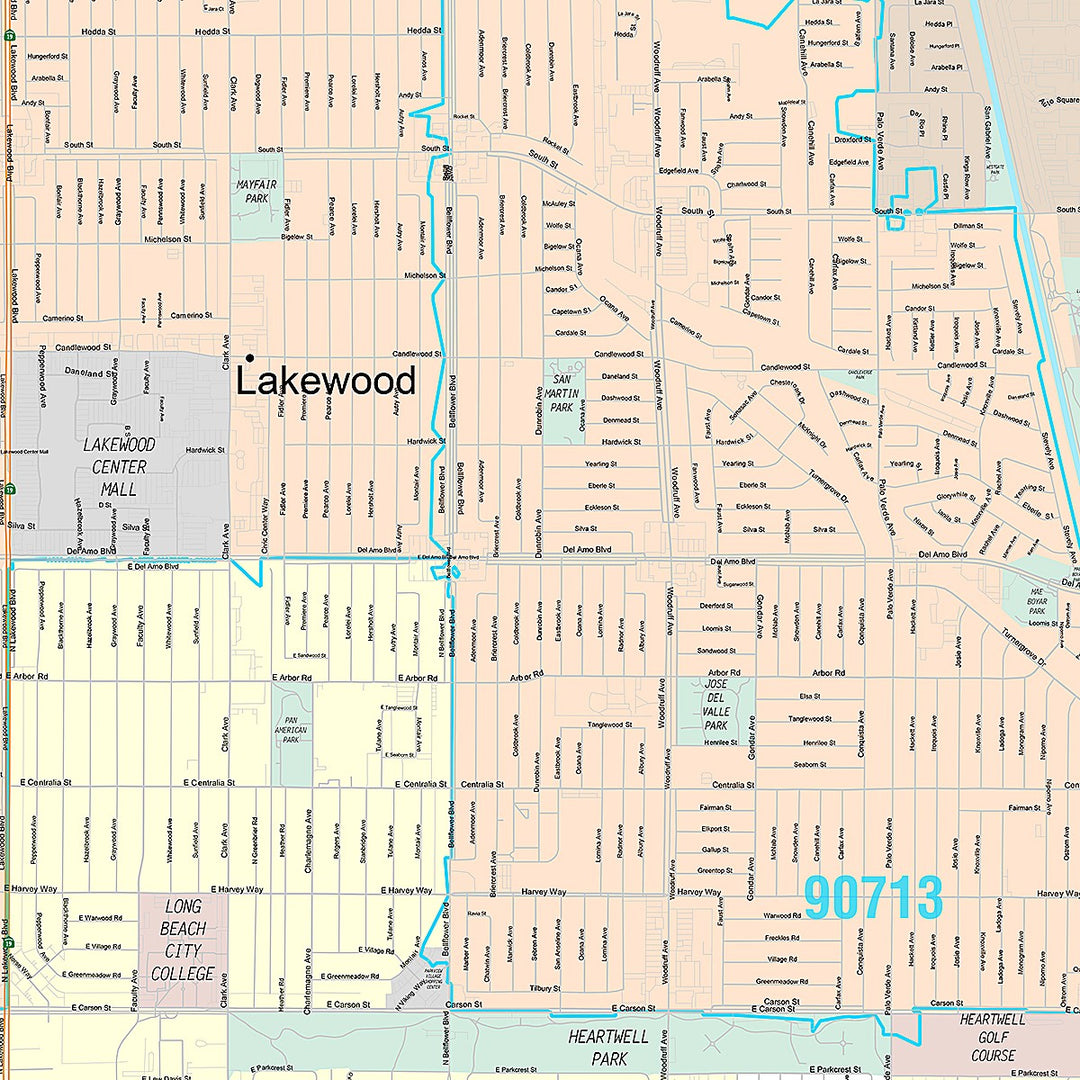 Premium Style Wall Map of Lakewood, CA