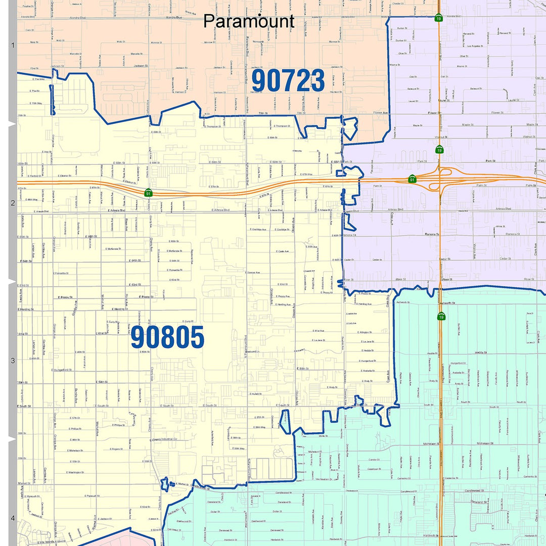Color Cast Zip Code Style Wall Map of Lakewood, CA