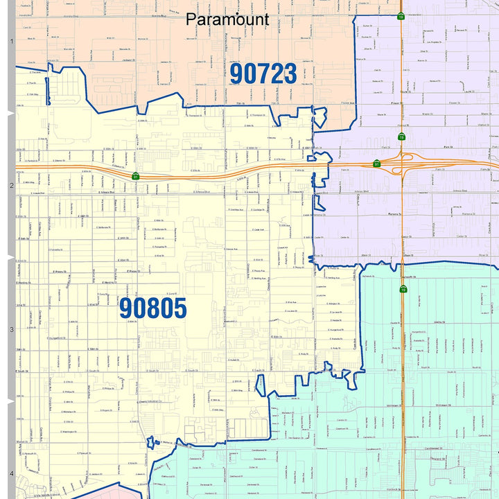 Color Cast Zip Code Style Wall Map of Lakewood, CA