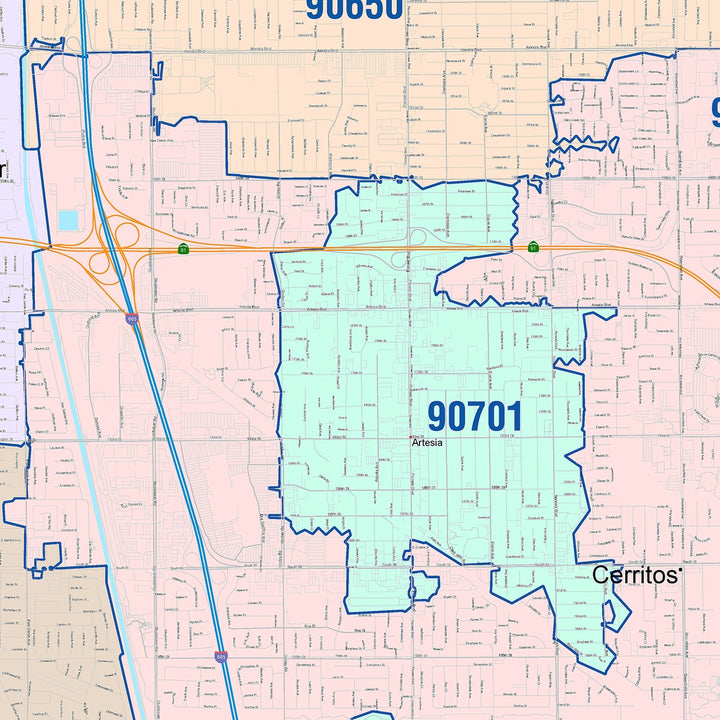 Color Cast Zip Code Style Wall Map of Lakewood, CA
