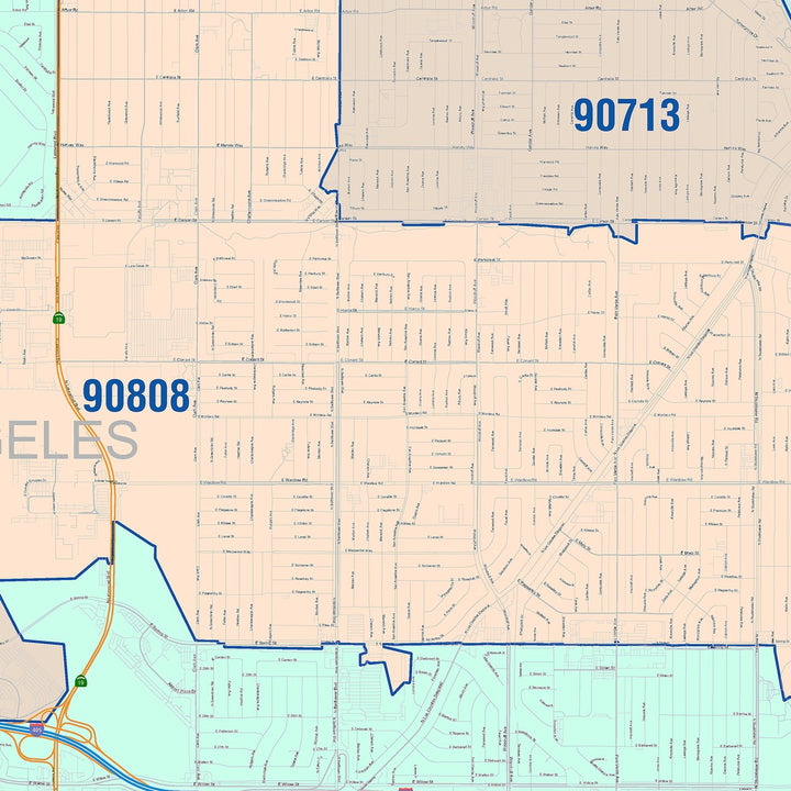 Color Cast Zip Code Style Wall Map of Lakewood, CA