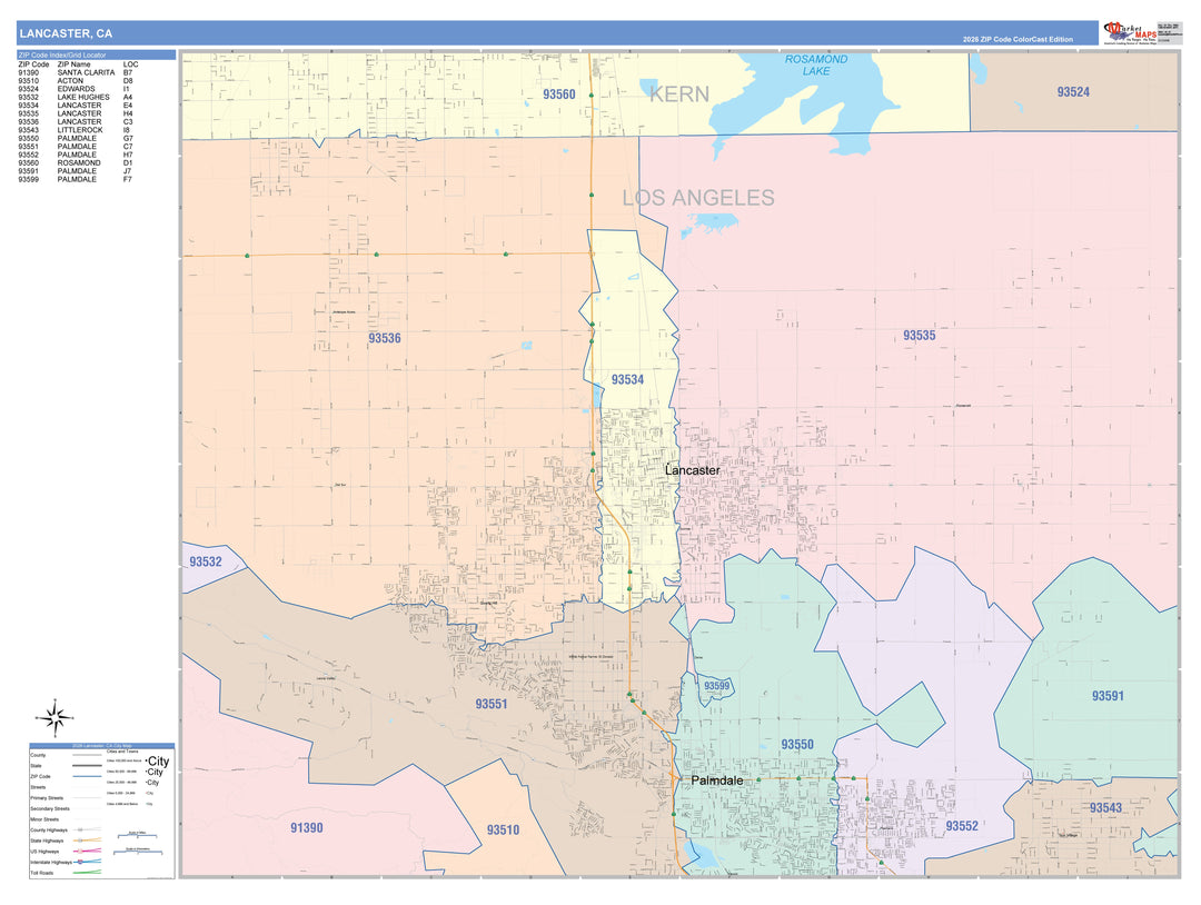 Color Cast Zip Code Style Wall Map of Lancaster, CA