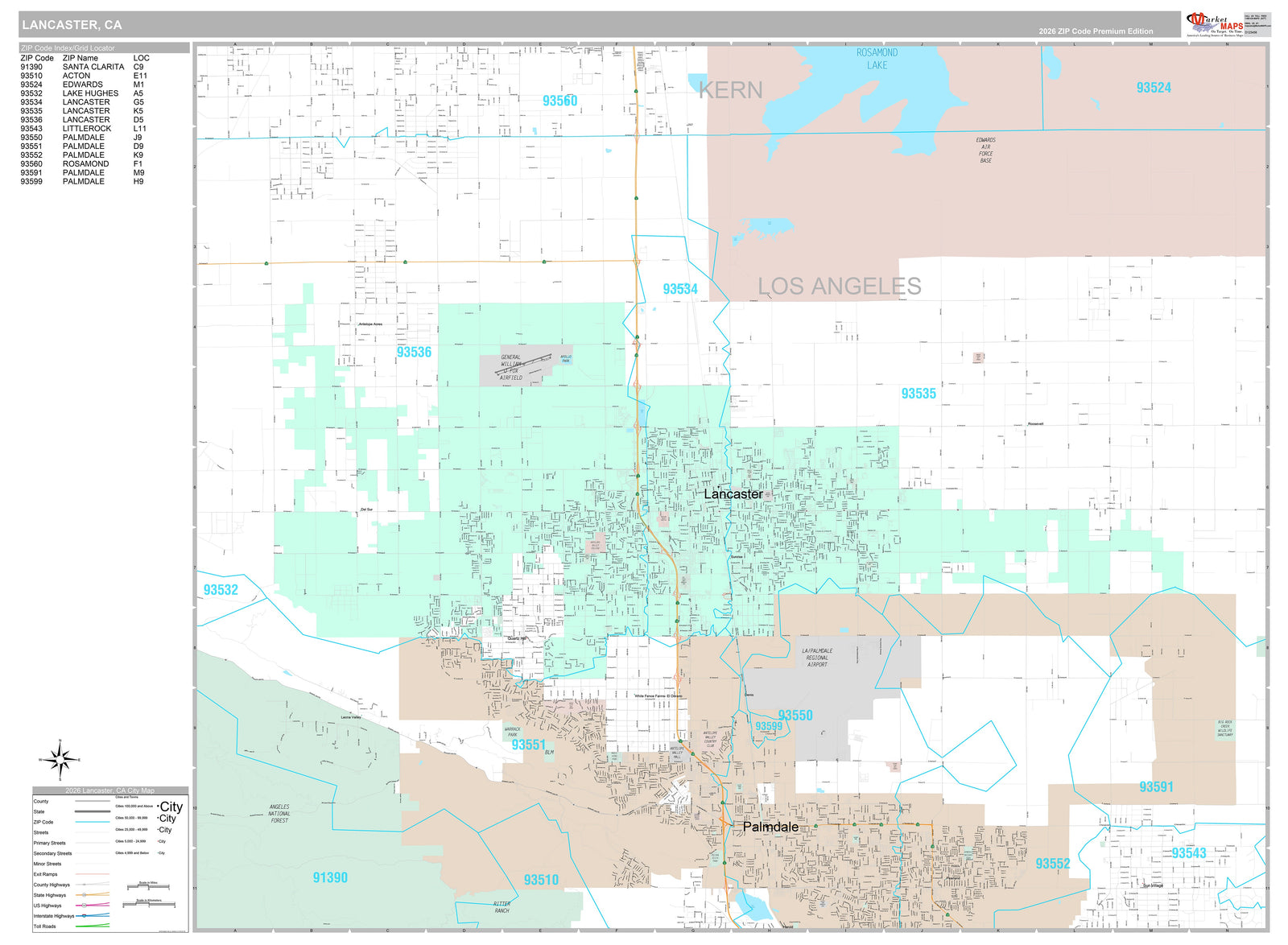 Premium Style Wall Map of Lancaster, CA