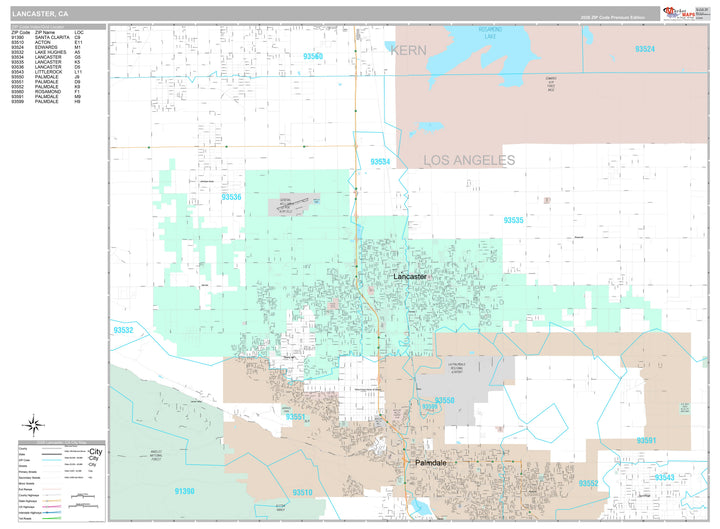 Premium Style Wall Map of Lancaster, CA