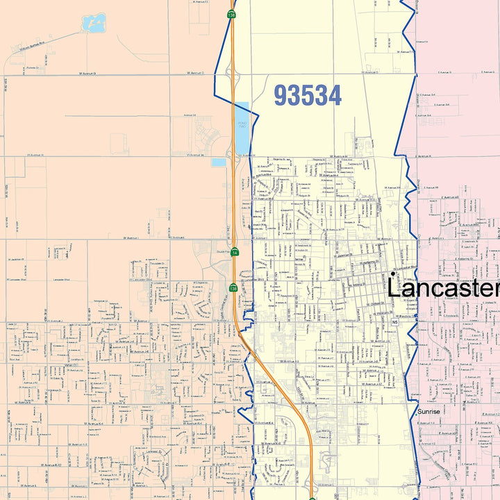 Color Cast Zip Code Style Wall Map of Lancaster, CA