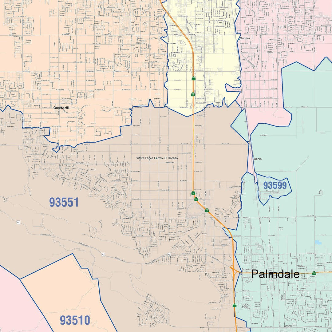 Color Cast Zip Code Style Wall Map of Lancaster, CA
