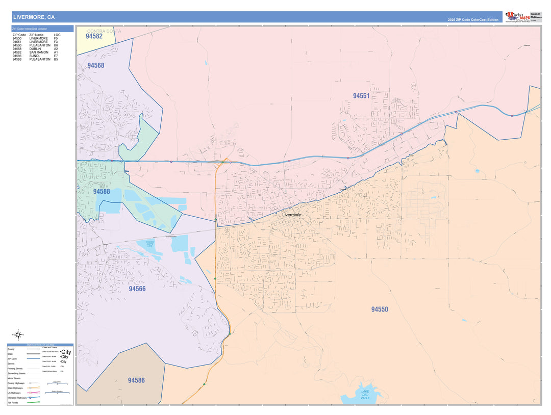 Color Cast Zip Code Style Wall Map of Livermore, CA