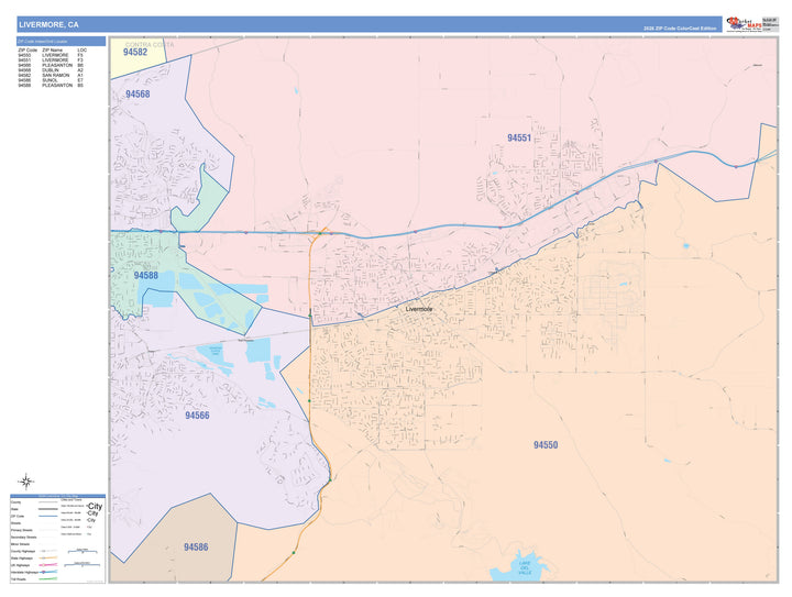 Color Cast Zip Code Style Wall Map of Livermore, CA