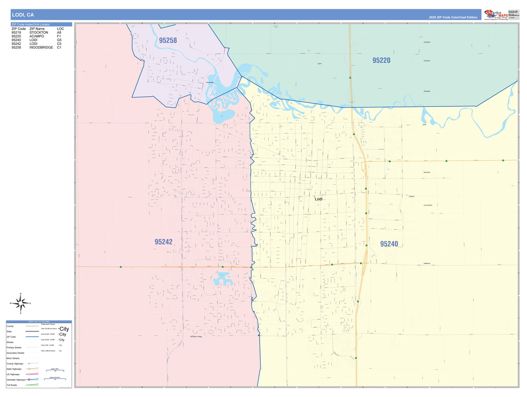 Color Cast Zip Code Style Wall Map of Lodi, CA – American Map Store