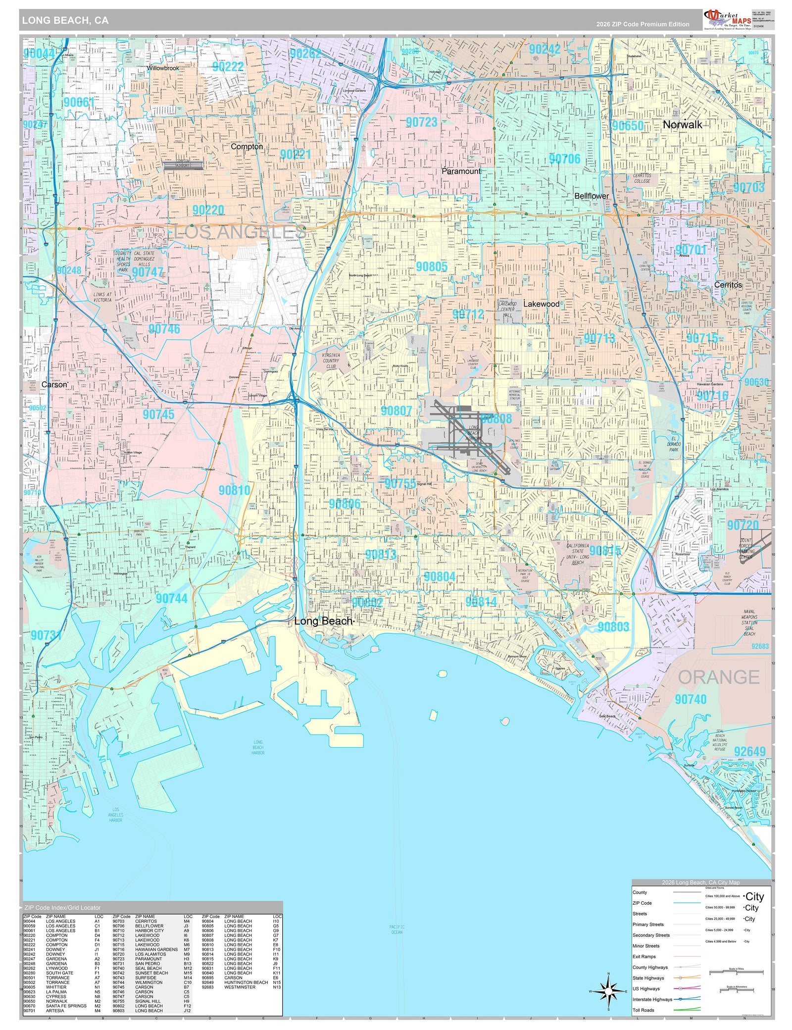 Premium Style Wall Map of Long Beach CA