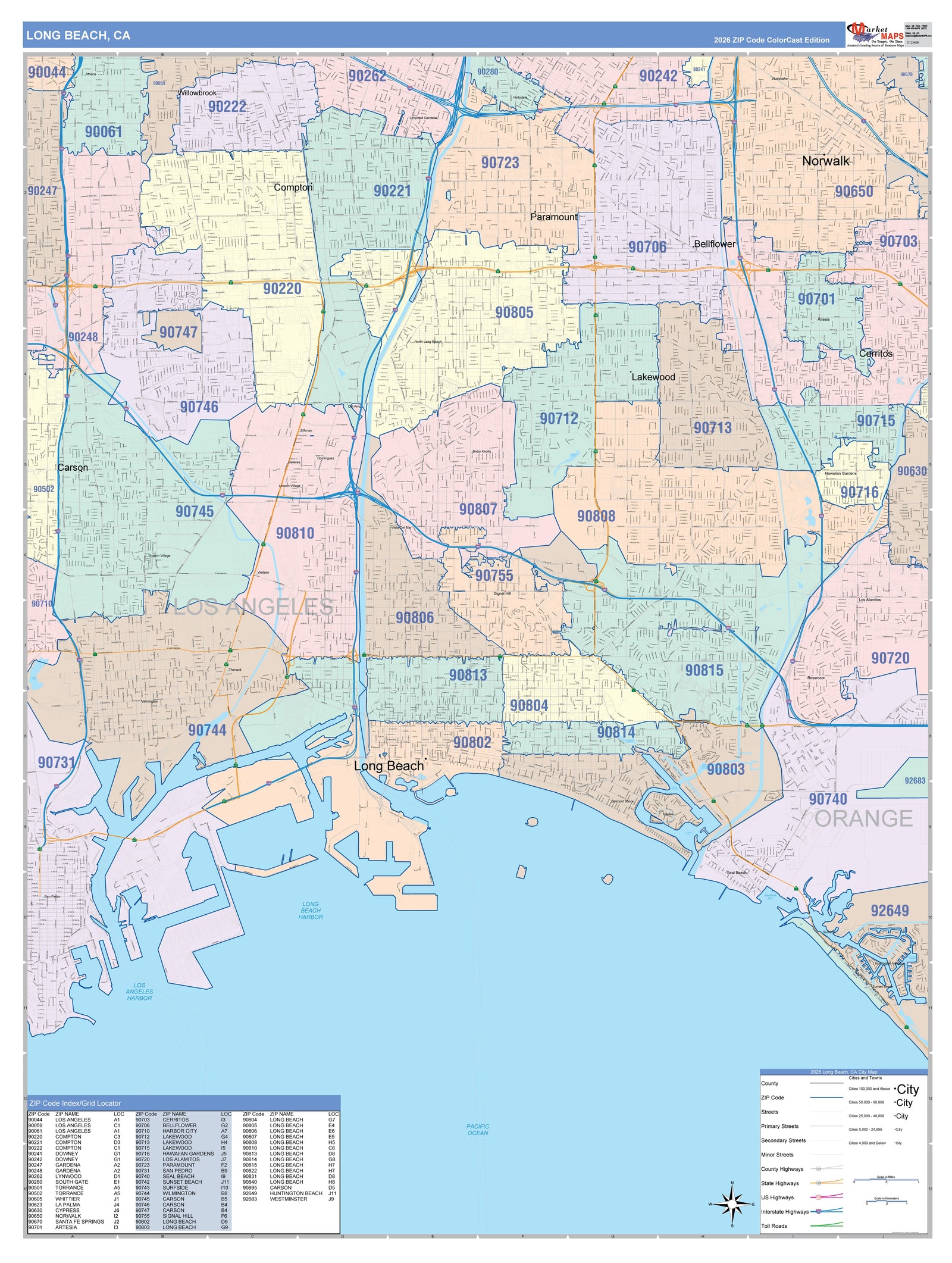 Colorcast Zip Code Style Wall Map of Long Beach CA
