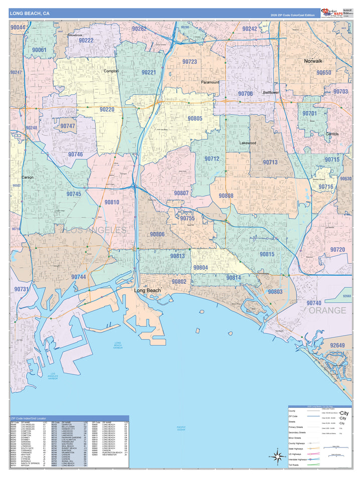 Colorcast Zip Code Style Wall Map of Long Beach CA