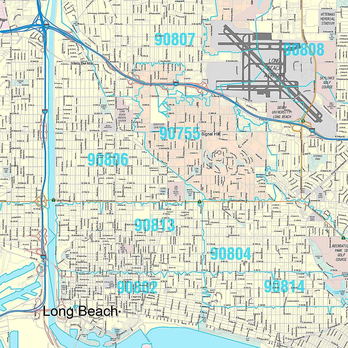 Premium Style Wall Map of Long Beach CA