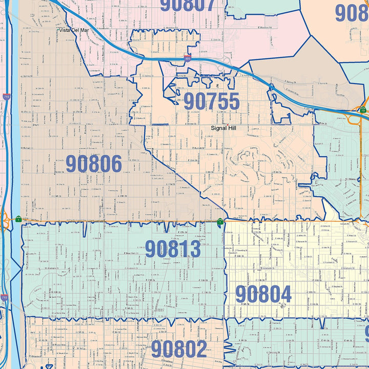 Colorcast Zip Code Style Wall Map of Long Beach CA