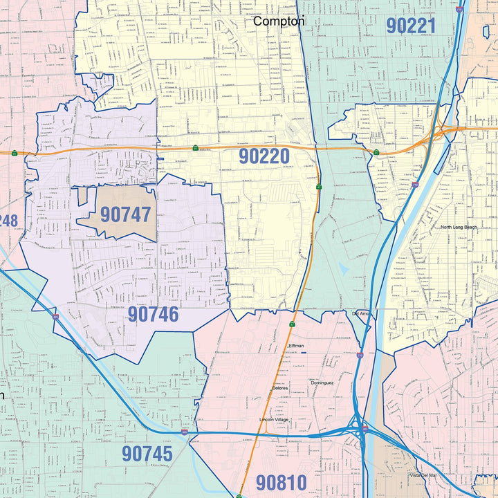 Colorcast Zip Code Style Wall Map of Long Beach CA