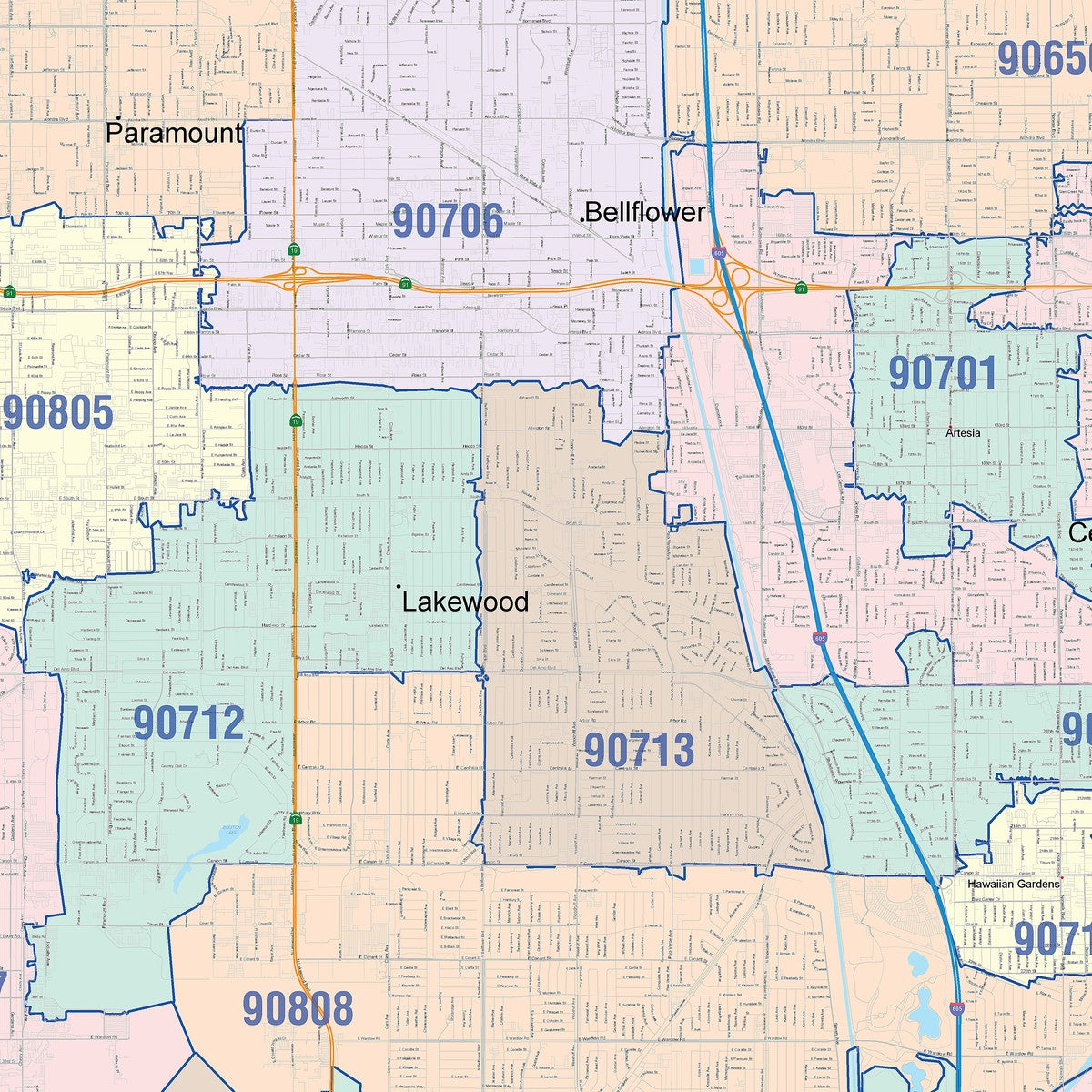 Colorcast Zip Code Style Wall Map of Long Beach, CA – American Map