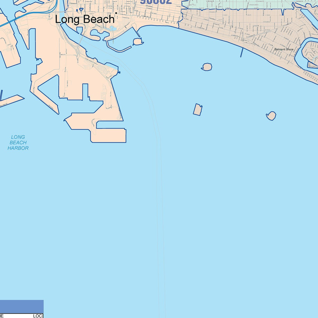 Colorcast Zip Code Style Wall Map of Long Beach CA