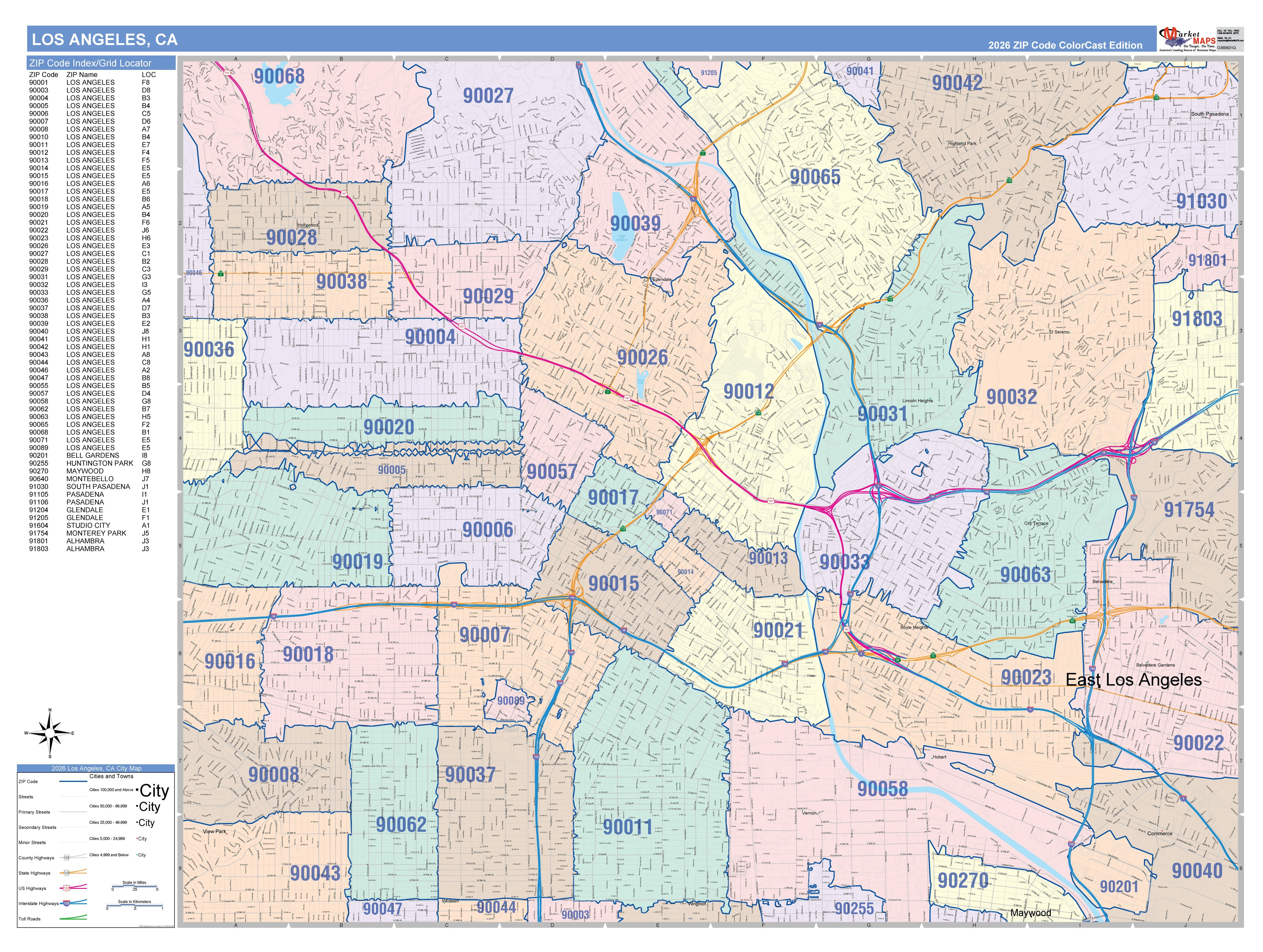 Colorcast ZIp Code Style Wall Map of Los Angeles, CA – American