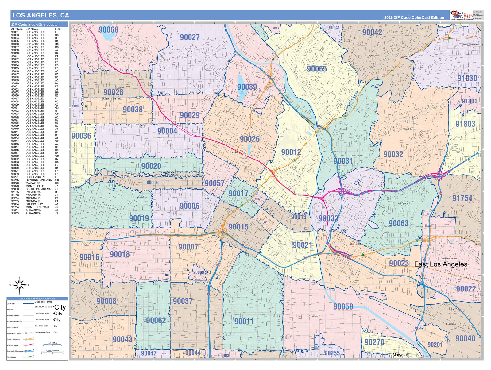 Colorcast ZIp Code Style Wall Map of Los Angeles CA