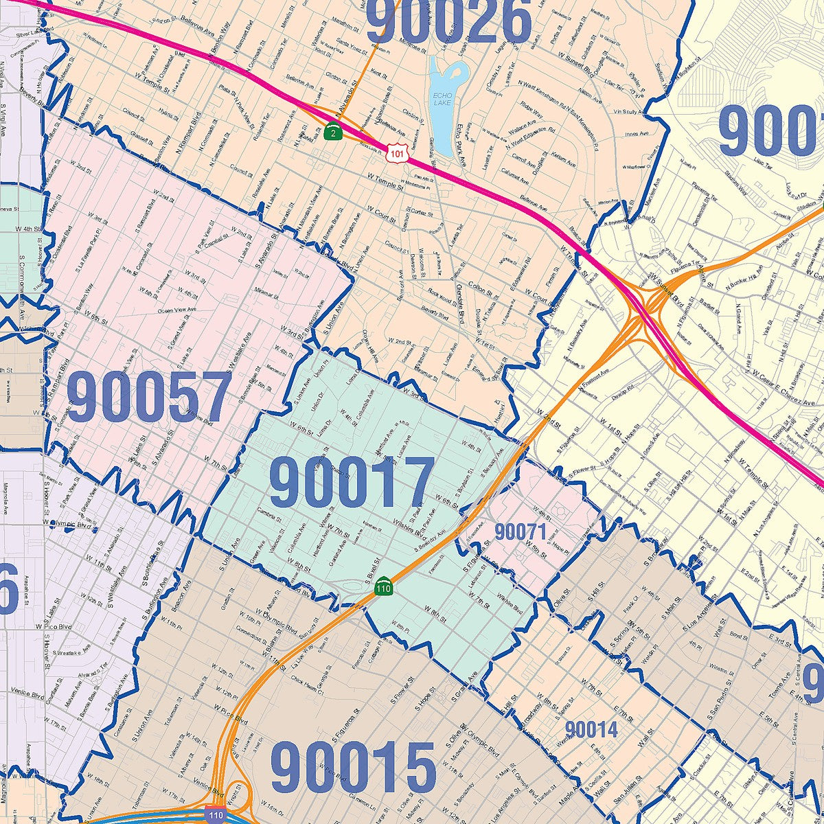Colorcast ZIp Code Style Wall Map of Los Angeles CA