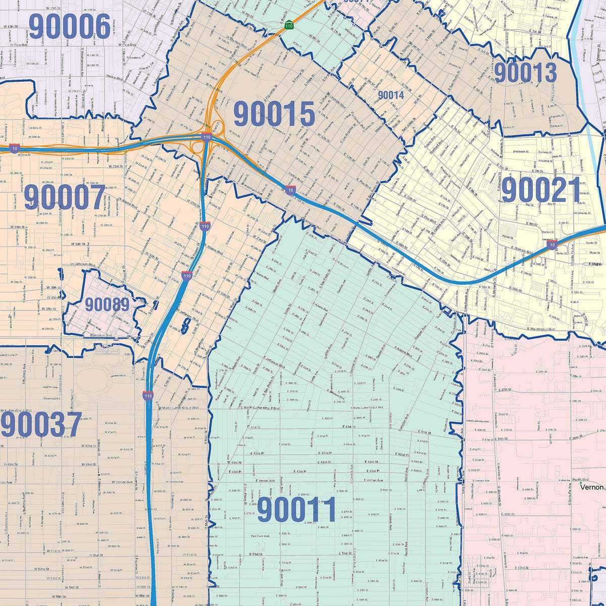 Colorcast ZIp Code Style Wall Map of Los Angeles, CA – American