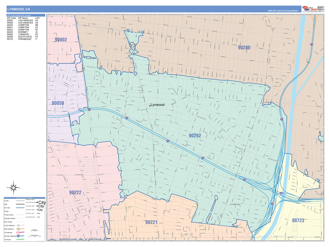 Color Cast Zip Code Style Wall Map of Lynwood, CA