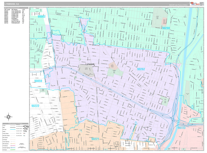 Premium Style Wall Map of Lynwood, CA