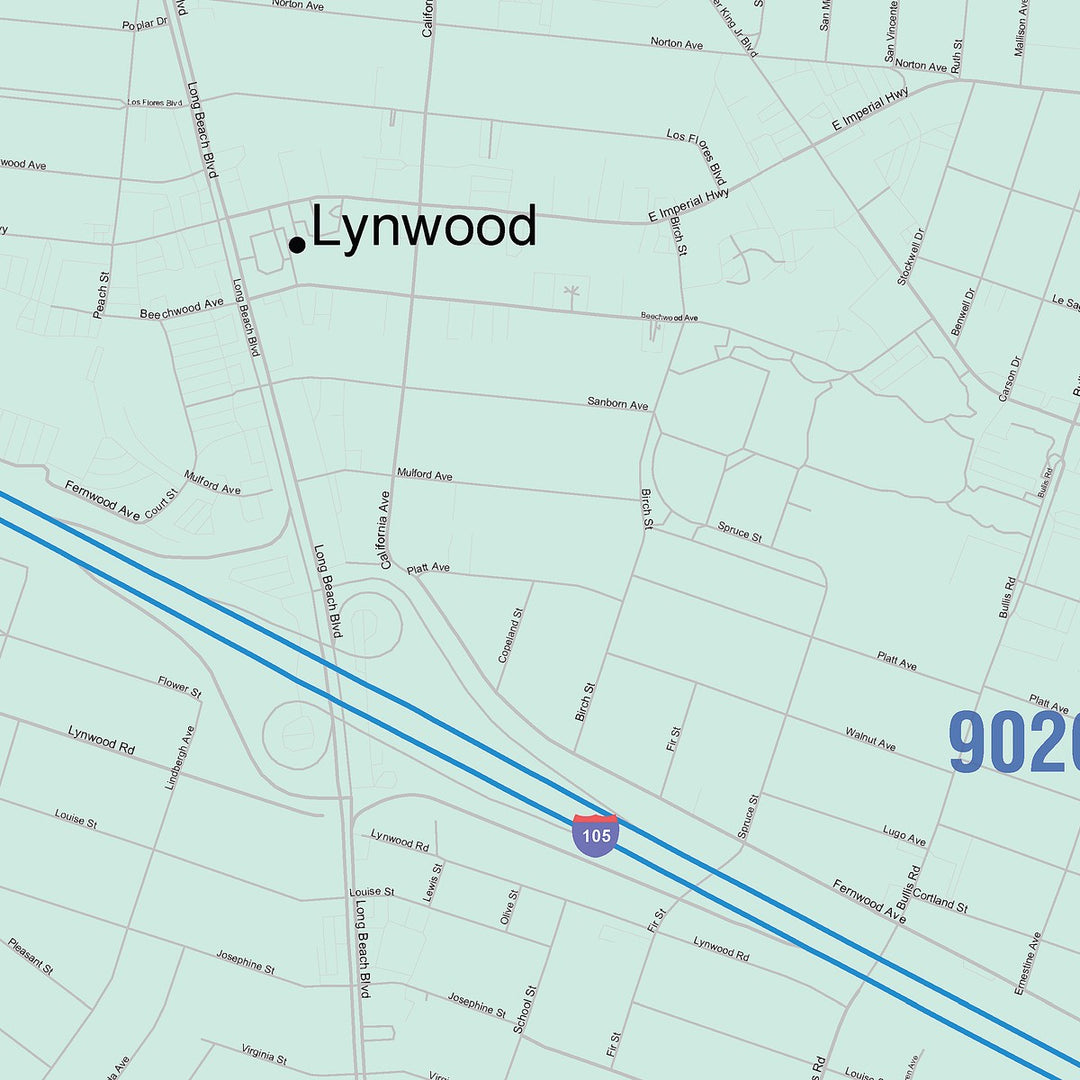 Color Cast Zip Code Style Wall Map of Lynwood, CA