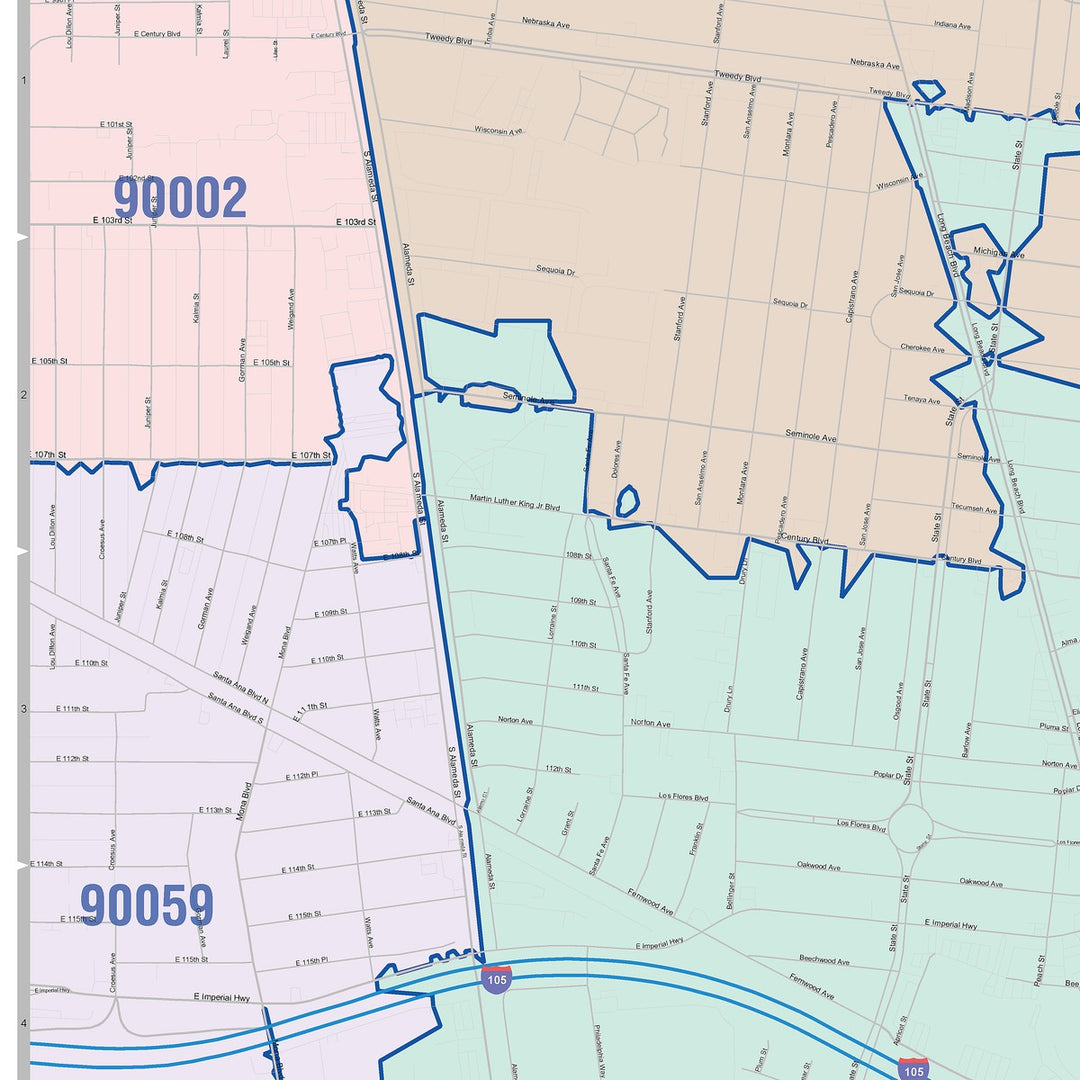 Color Cast Zip Code Style Wall Map of Lynwood, CA