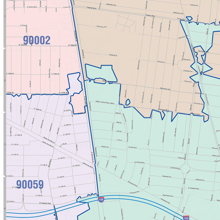 Color Cast Zip Code Style Wall Map of Lynwood, CA
