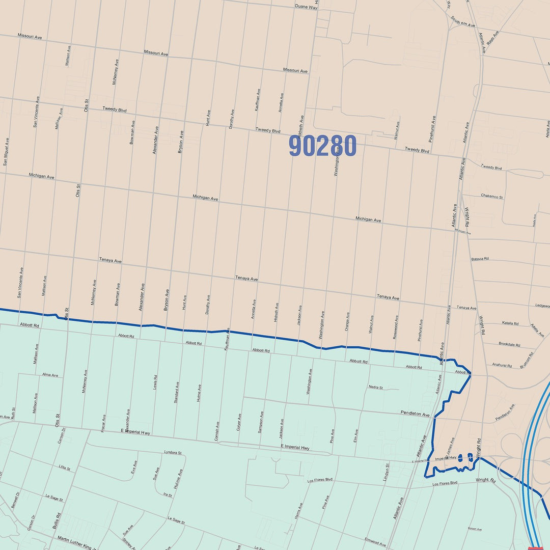 Color Cast Zip Code Style Wall Map of Lynwood, CA