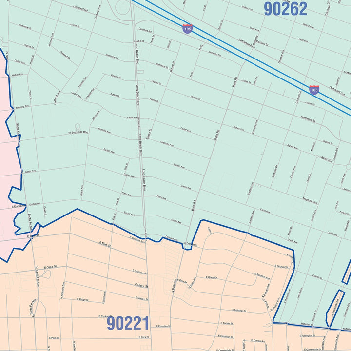 Color Cast Zip Code Style Wall Map of Lynwood, CA