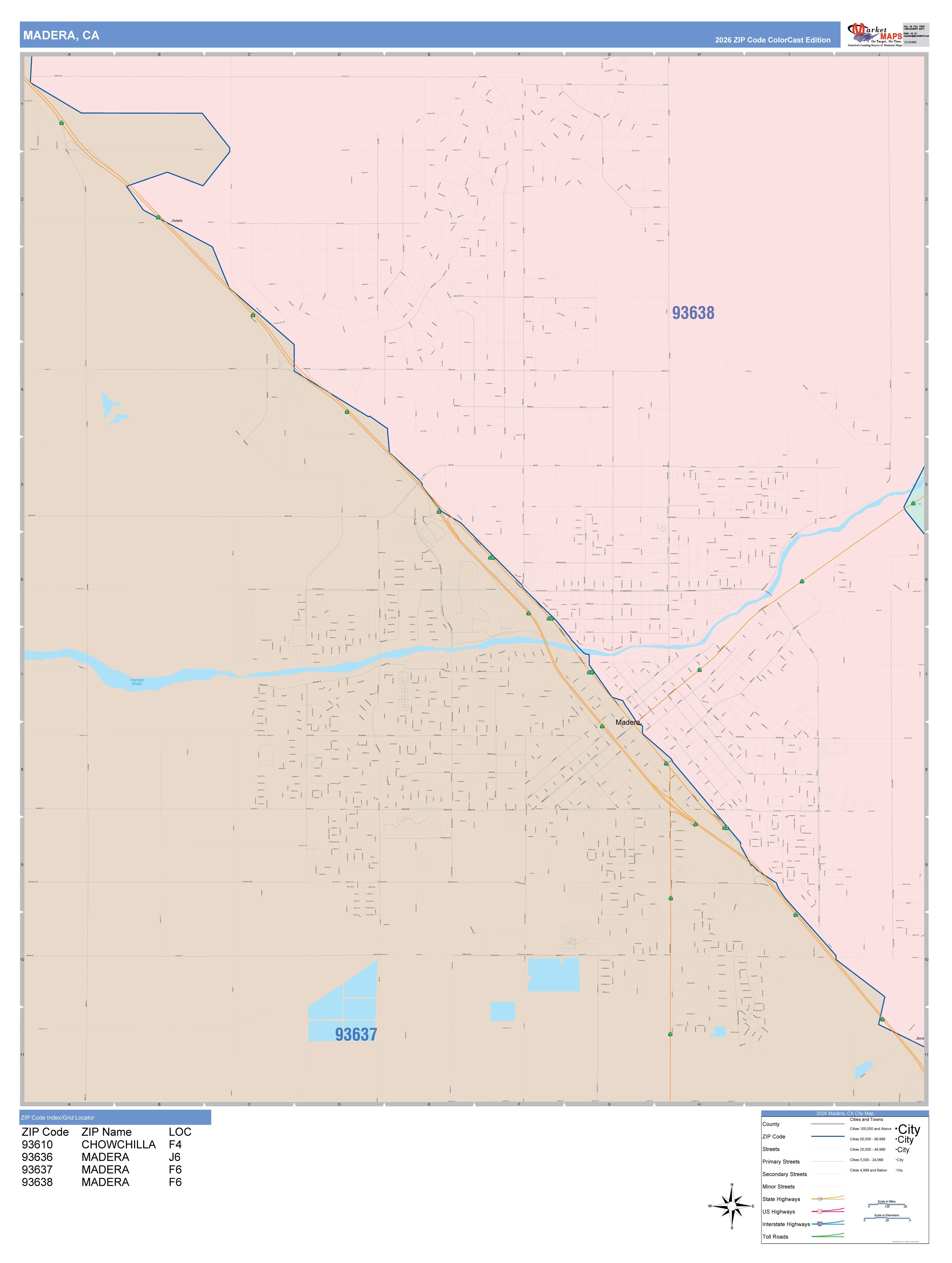 Color Cast Zip Code Style Wall Map of Madera, CA – American Map Store