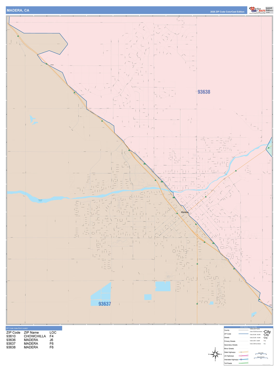 Color Cast Zip Code Style Wall Map of Madera, CA
