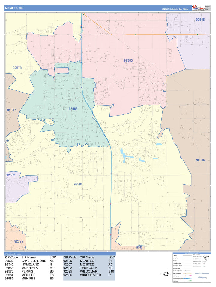 Color Cast Zip Code Style Wall Map of Menifee, CA