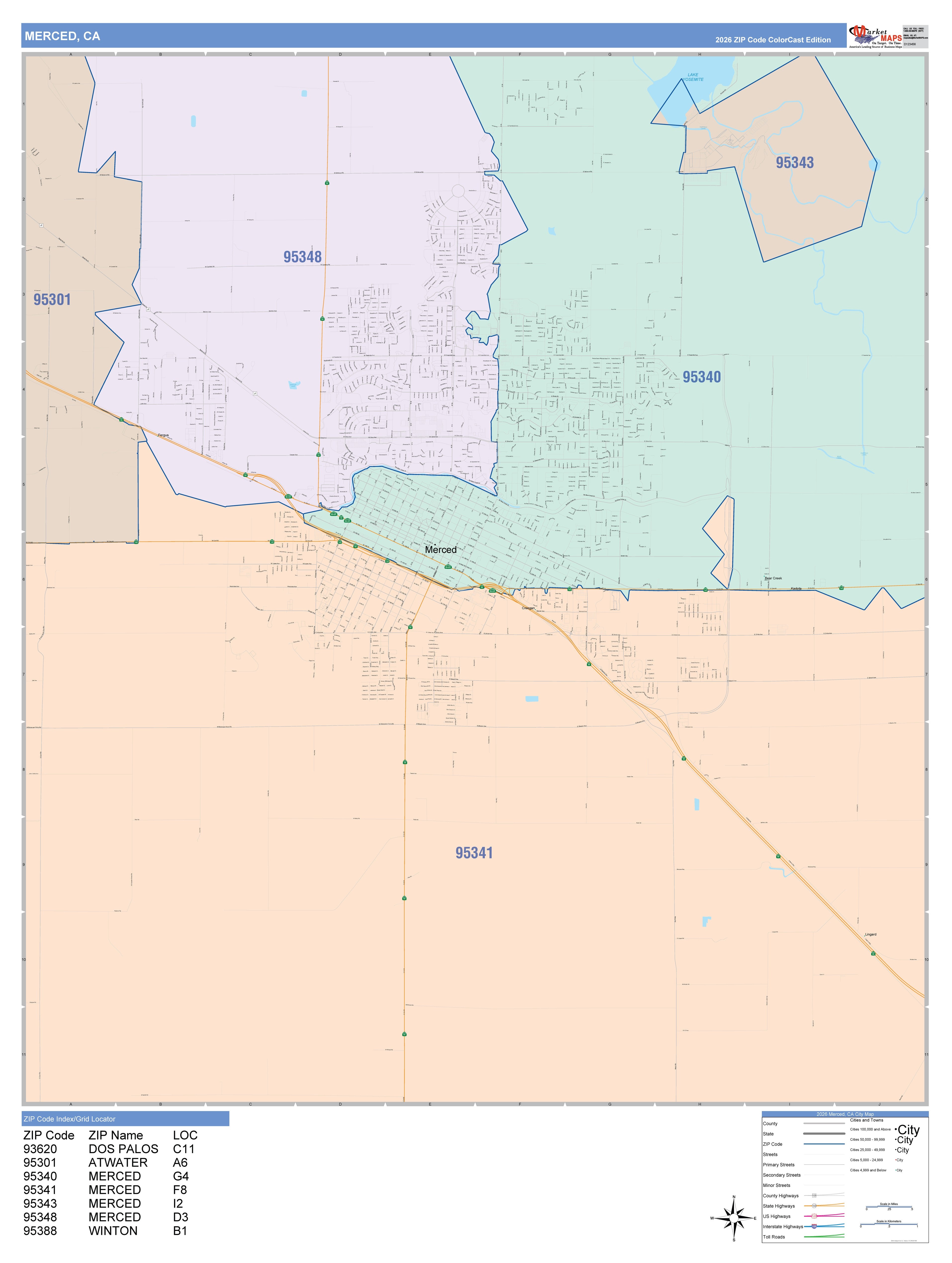 Color Cast Zip Code Style Wall Map of Merced, CA – American Map Store