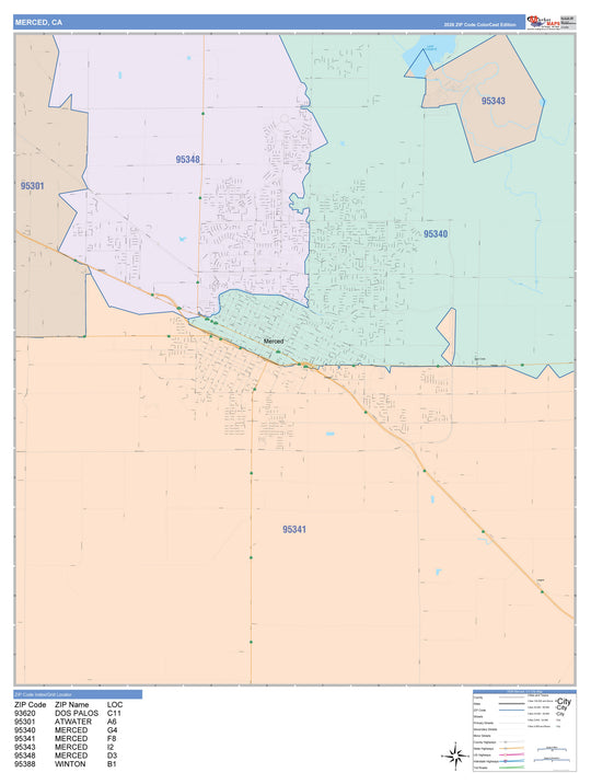 Color Cast Zip Code Style Wall Map of Merced, CA – American Map Store
