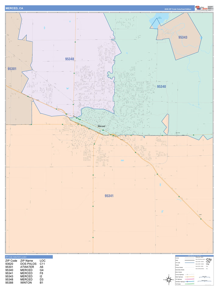 Color Cast Zip Code Style Wall Map of Merced, CA