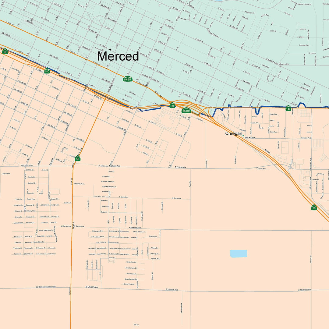 Color Cast Zip Code Style Wall Map of Merced, CA
