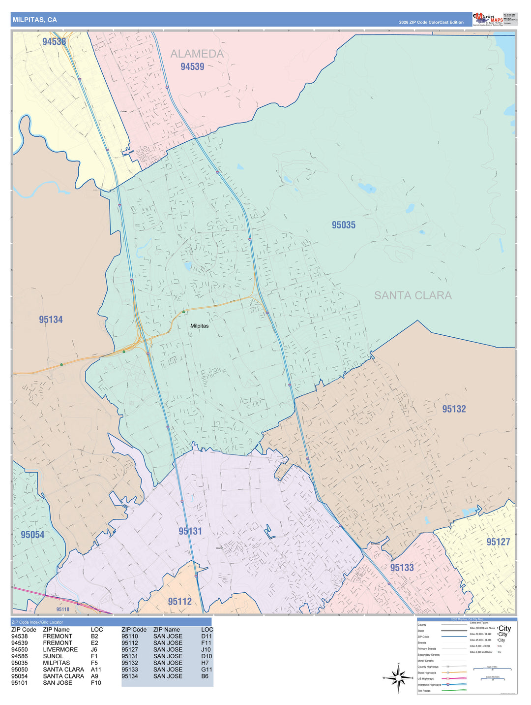 Color Cast Zip Code Style Wall Map of Milpitas, CA