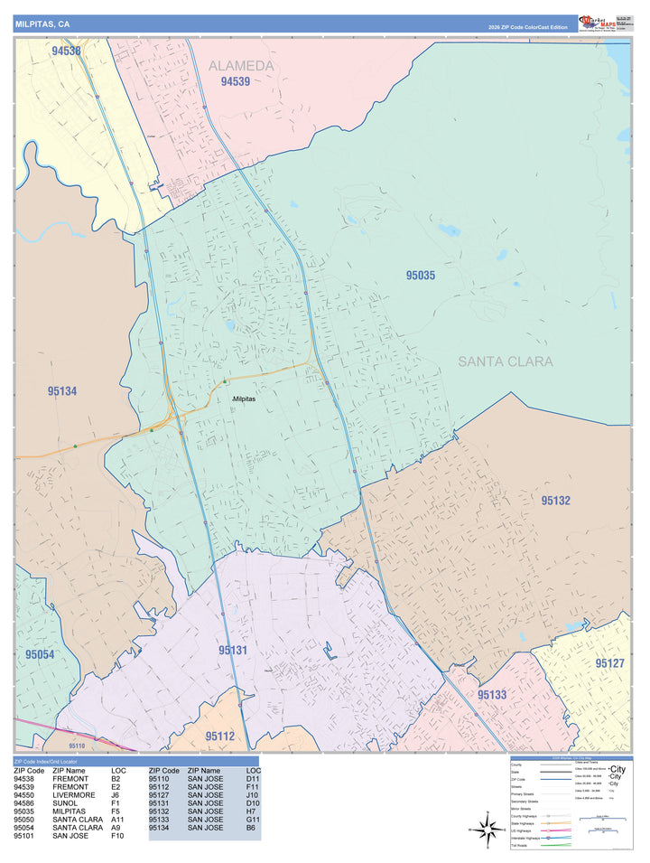 Color Cast Zip Code Style Wall Map of Milpitas, CA