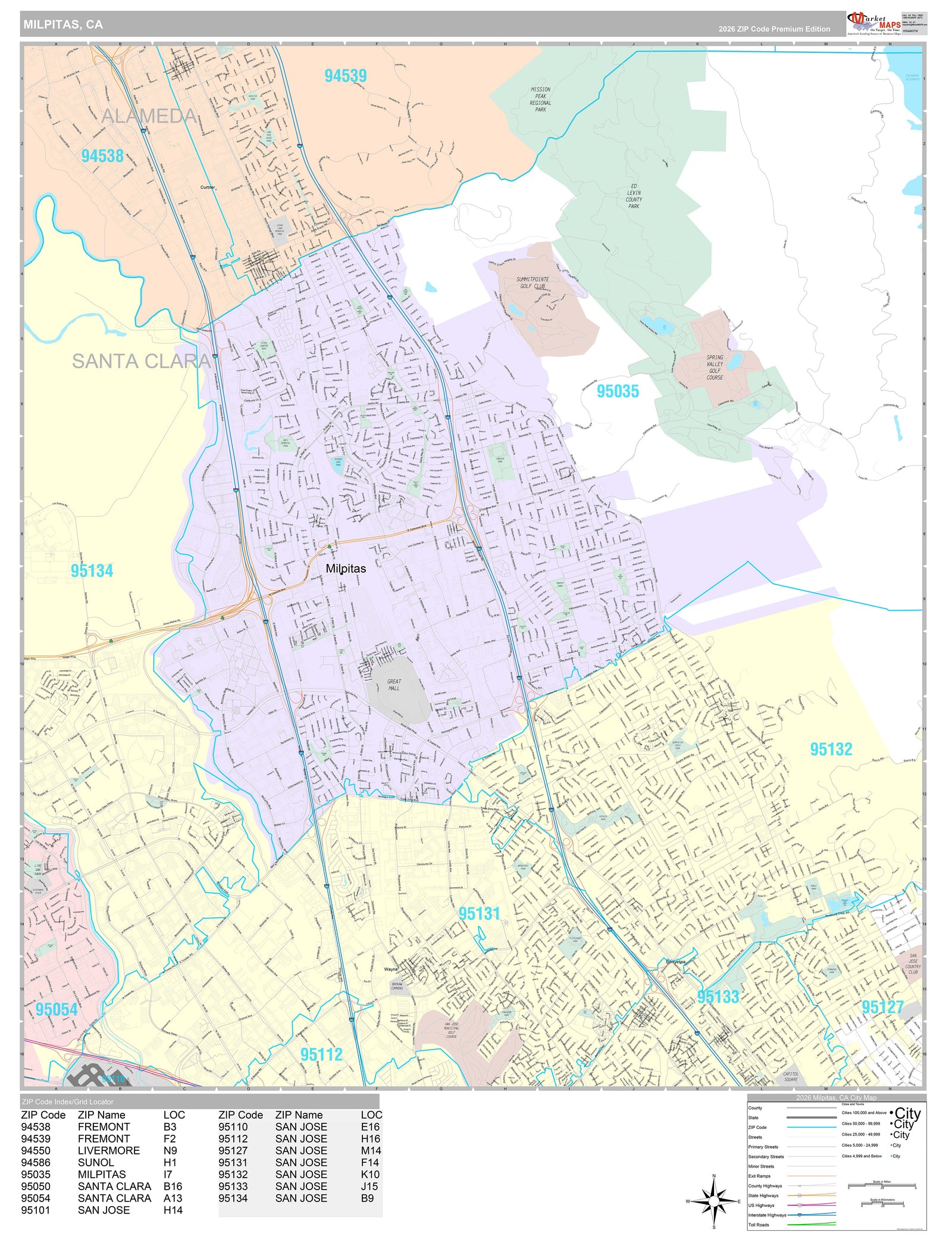 Premium Style Wall Map of Milpitas, CA