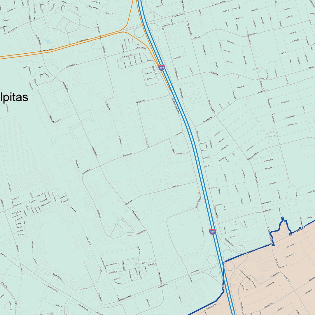 Color Cast Zip Code Style Wall Map of Milpitas, CA