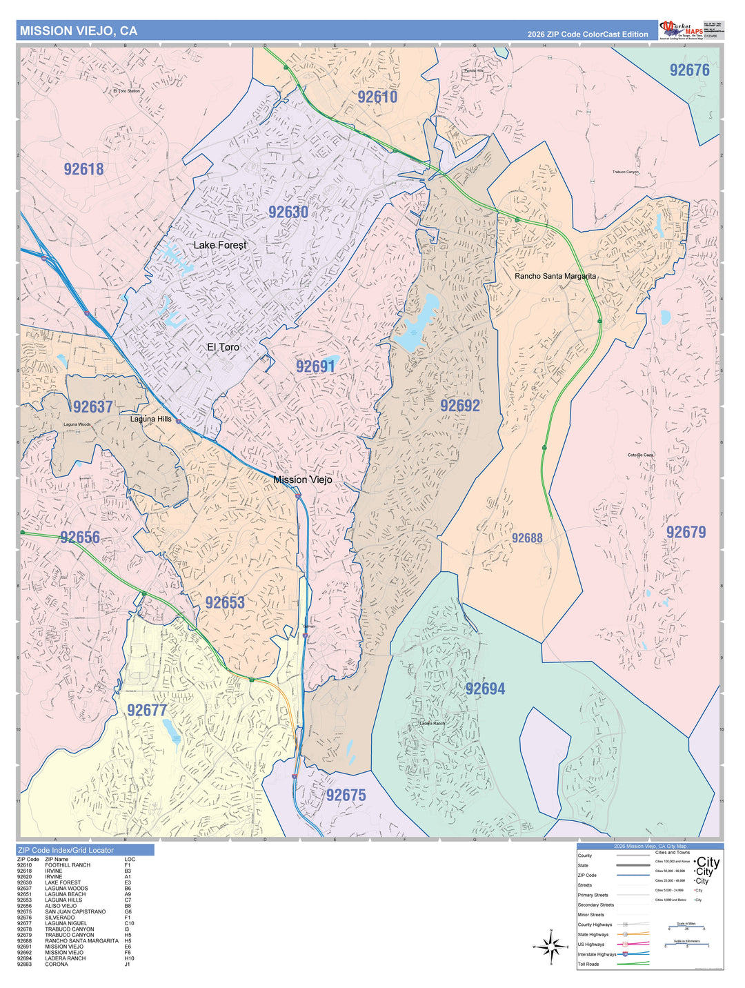 Color Cast Zip Code Style Wall Map of Mission Viejo, CA