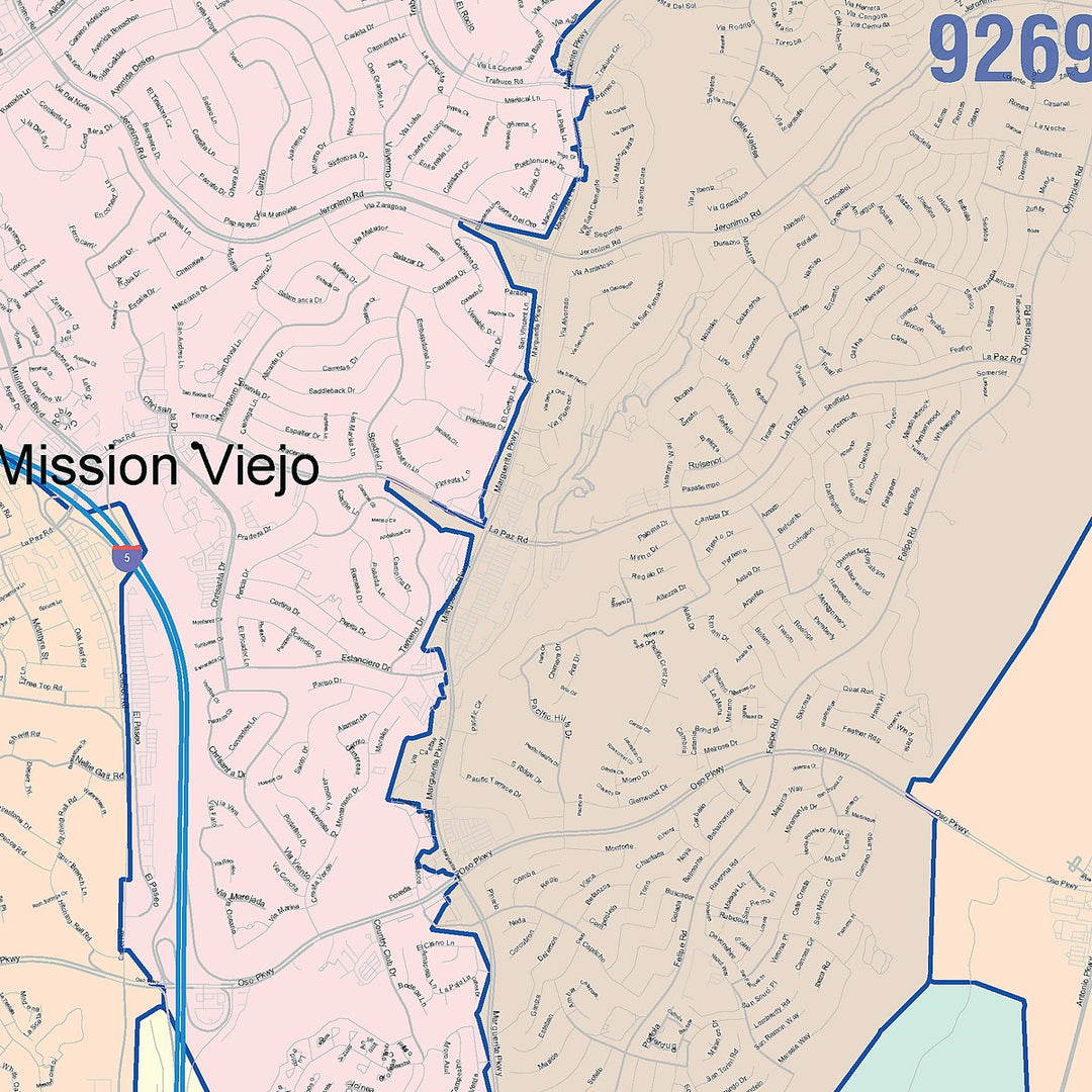 Color Cast Zip Code Style Wall Map of Mission Viejo, CA