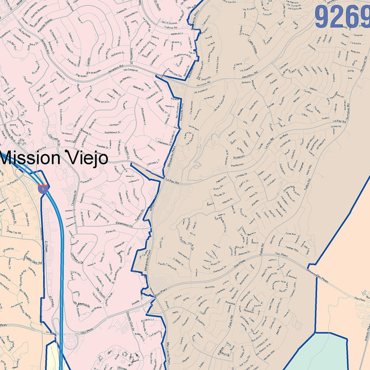 Color Cast Zip Code Style Wall Map of Mission Viejo, CA