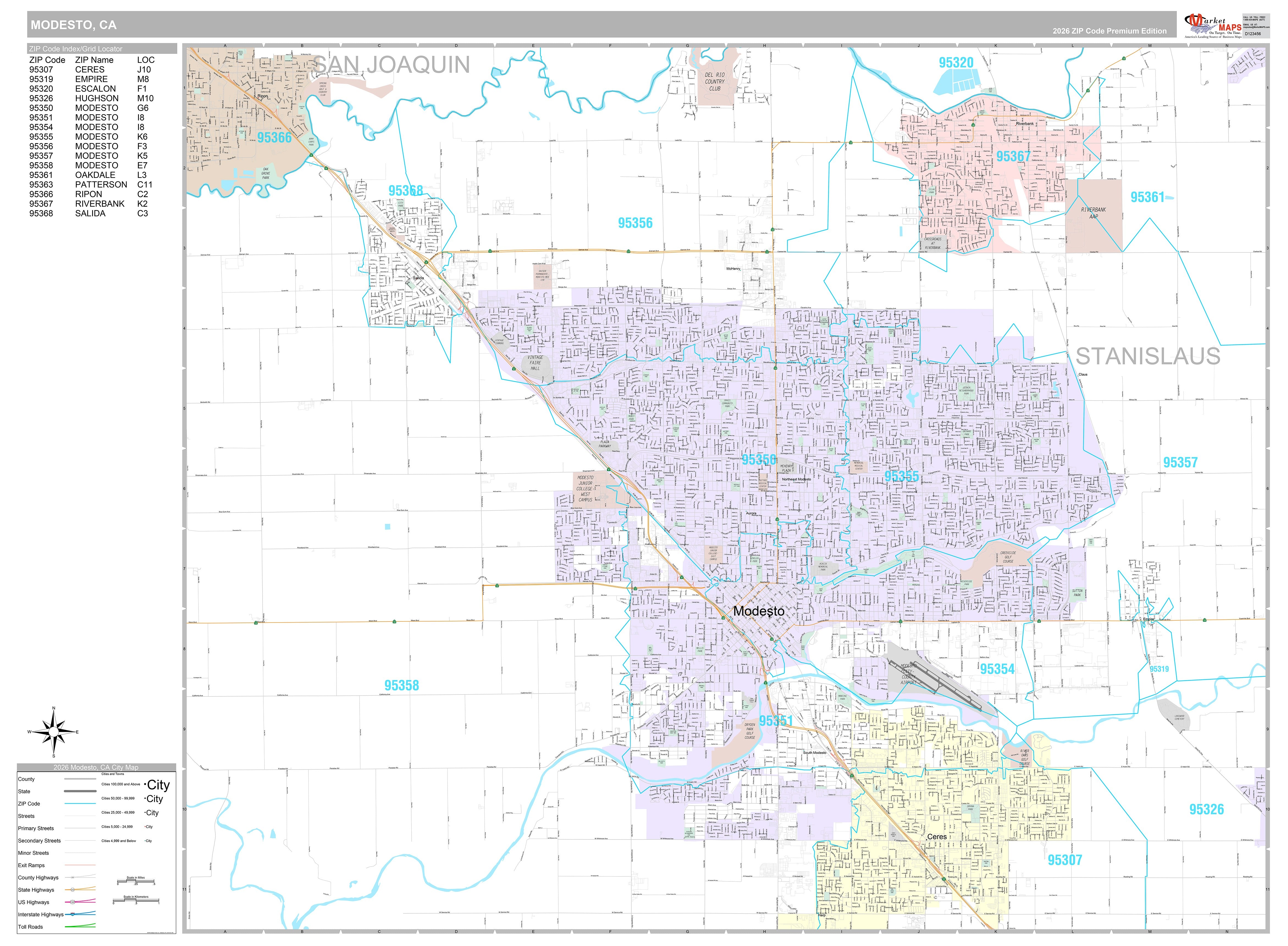 Premium Style Wall Map of Modesto, CA – American Map Store