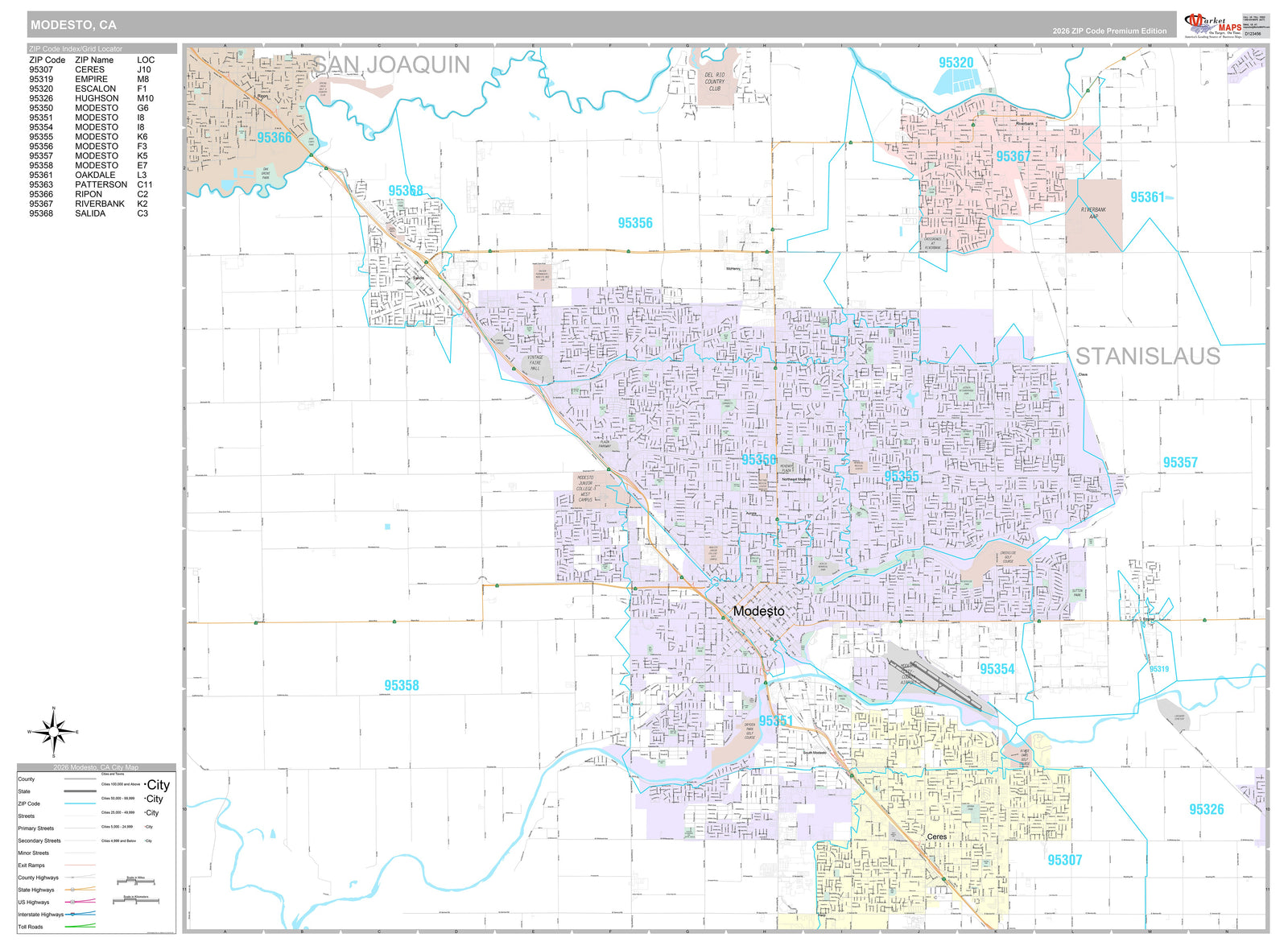 Premium Style Wall Map of Modesto CA
