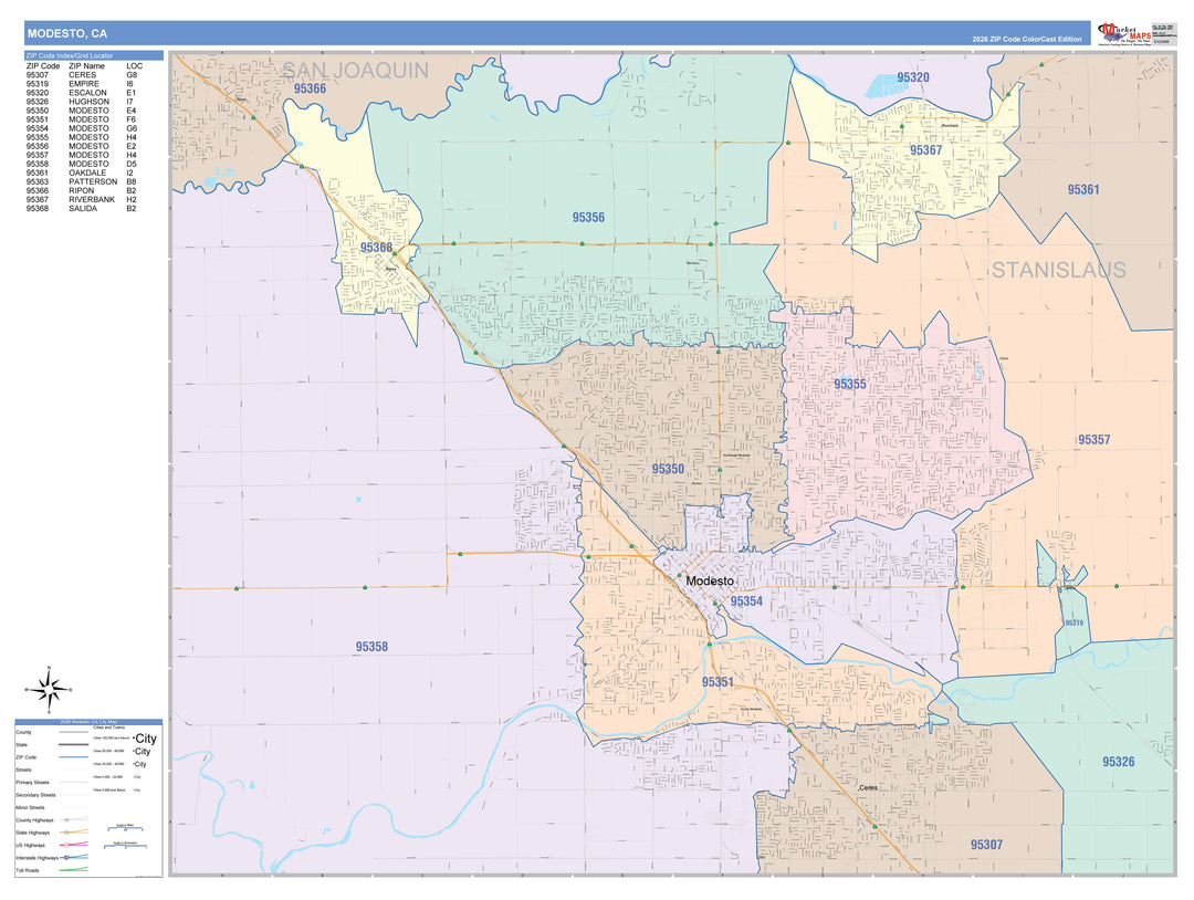 Color Cast Zip Code Style Wall Map of Modesto, CA